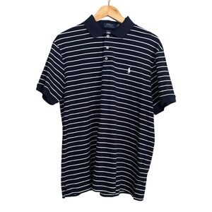 Vintage Ralph Lauren Men's Navy & White Striped Custom Slim Polo Shirt Size L